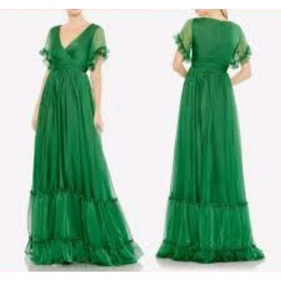 NEW $398 Mac Duggal Size 2 Butterfly Ruffle Trimmed A-Line Gown in Green - Picture 2 of 9
